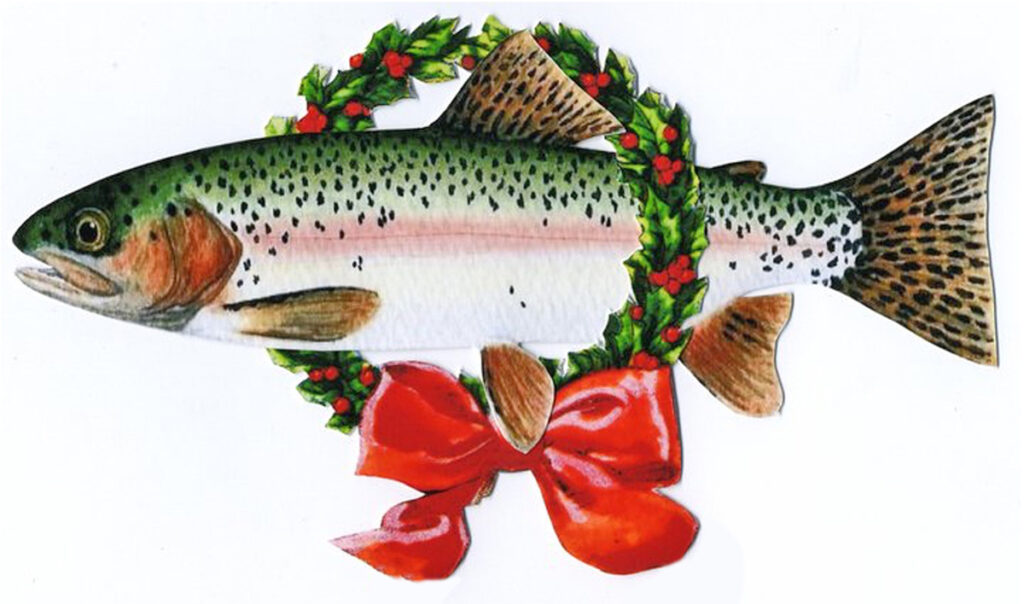 Rainbow trout with holiday wreath and red ribbon